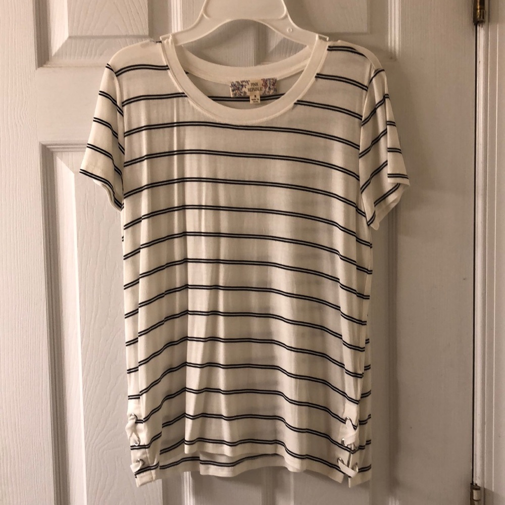 white with black stripes “pink republic” shirt